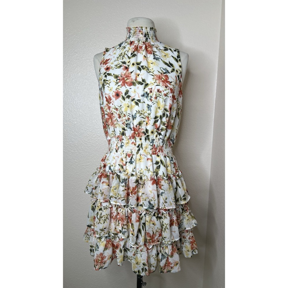 1.State Sleeveless Medium Tiered Ruffle Floral Mini Dress Summer Wedding Bloom